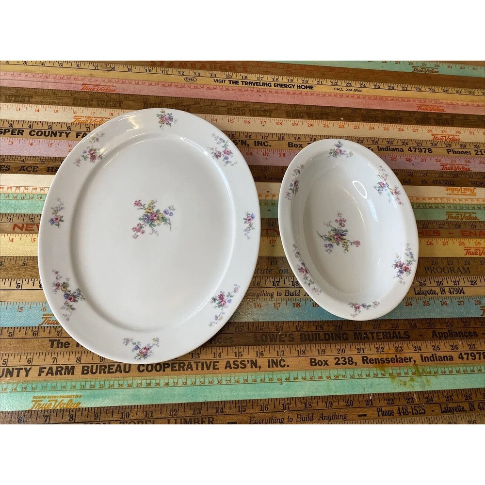 LIMOGES France Haviland Serving Platter Blue Floral Porcelain Bowl Tray 2 Pcs